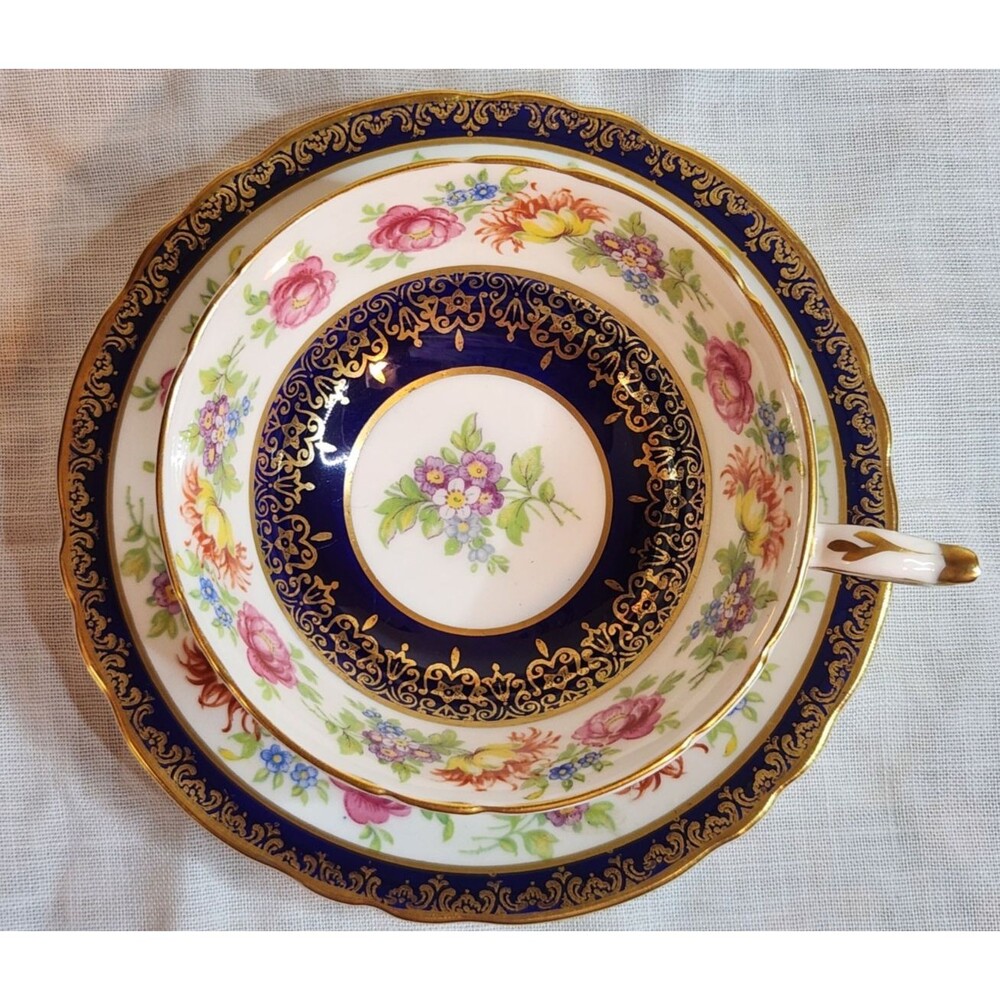 Paragon Cobalt Blue Floral Cup & Saucer A1654 Double Warrant Floral Bouquet